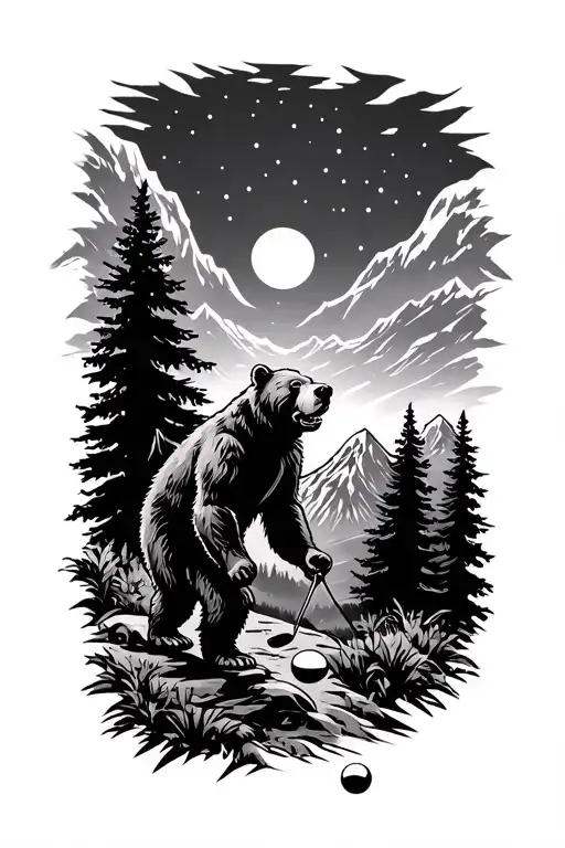 Grateful Dead bears playing disc golf in the mountains  tattoo design idea