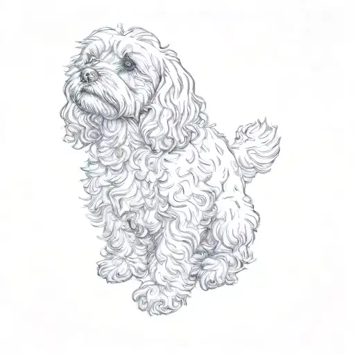 a delicate cavoodle sitting upright with its body angled towards the front, head fully lifted side and looking up to sky tattoo design idea