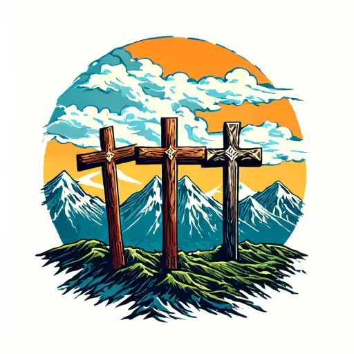 3 crosses with a mountain backdrop with wavy cloud shading for filler.  tattoo design idea