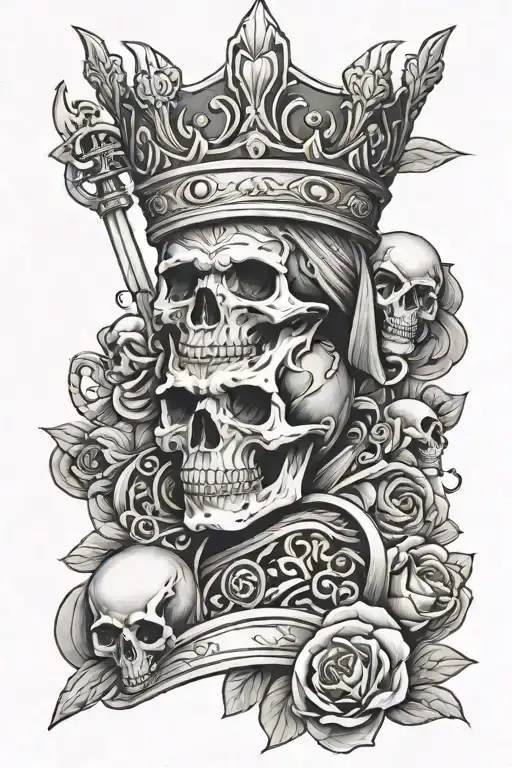 A majestic king figure with a skull motif, representing the duality of power and mortality tattoo design idea