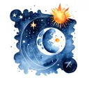 simple modern lines, multiple symbols, sun, moon, stars, planets, earth, fire, wind, air, outer space, darkness tattoo design idea