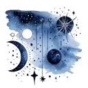 simple modern lines, multiple symbols, sun, moon, stars, planets, earth, fire, wind, air, outer space, darkness tattoo design idea