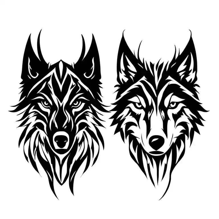 Raven and wolf face tattoo design idea