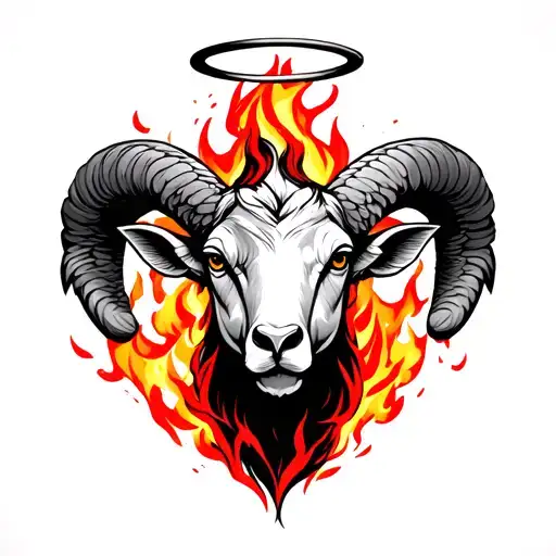 half ram head half Aries zodiac sign with red fire in background and angel halo on top fine line tattoo design idea