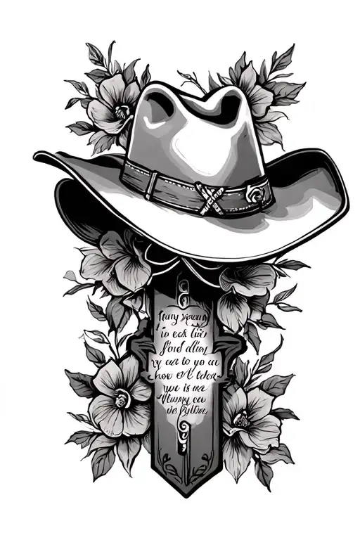 cross with cowboy hat and bible verse tattoo design idea