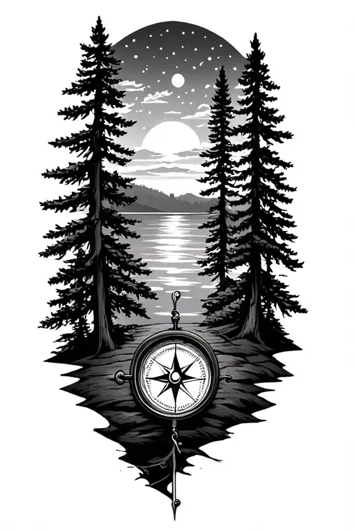 forest, sunset, compass, pine trees, tattoo design idea