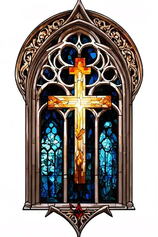 gothic cathedral stained glass window with Christian themes tattoo design idea