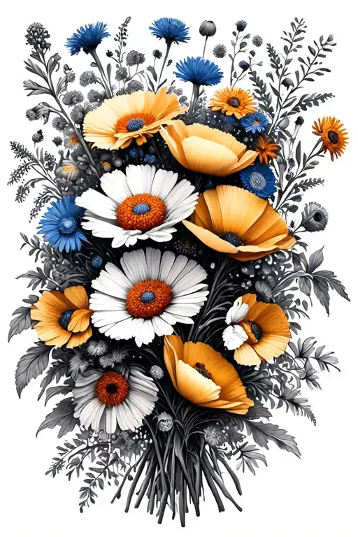 A bouquet of field flowers, with calendula, poppies, daisies, aromatic herbs and cornflowers. On one leg. tattoo design idea