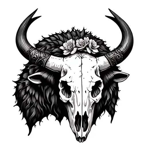  feminine bison skull tattoo, intricate tooled leather detail around the horns, with a tag delicate Opuntia cactus tattoo design idea