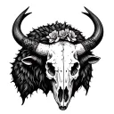  feminine bison skull tattoo, intricate tooled leather detail around the horns, with a tag delicate Opuntia cactus tattoo design idea