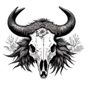  feminine bison skull tattoo, intricate tooled leather detail around the horns, with a tag delicate Opuntia cactus tattoo design idea