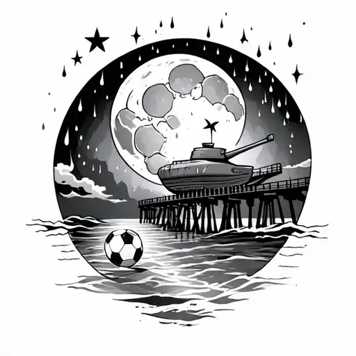 moon, rain, star, pier, tank, soccer ball, beach tattoo design idea