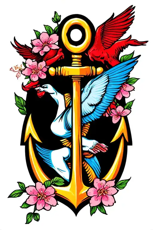 Jiu jitsu guy leg locking the devil, anchor, swallow, cherry blossoms tattoo design idea