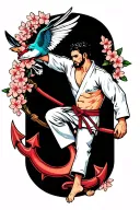 Jiu jitsu guy leg locking the devil, anchor, swallow, cherry blossoms tattoo design idea