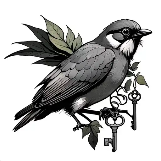 Jamaican bird holding an ivy leaf and keys hanging tattoo design idea