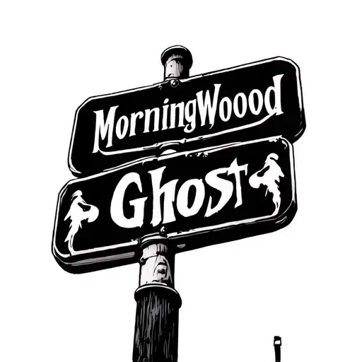 Make me some tattoo images using "MorningWood" on a street sign or something of that matter. The word Ghost somewhere. tattoo design idea