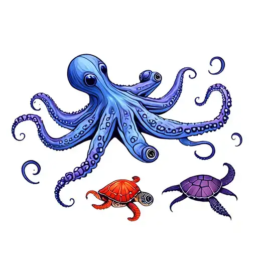 a blue ringed octopus, a smaller red octopus, a sea turtle, and a smaller sea purple hued sea turtle tattoo design idea