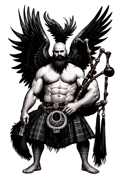 legless shirtless muscular bagpiper bald black beard playing bagpipes huge black wings tattoo design idea