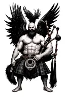 legless shirtless muscular bagpiper bald black beard playing bagpipes huge black wings tattoo design idea