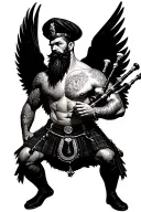 legless shirtless muscular bagpiper bald black beard playing bagpipes huge black wings tattoo design idea