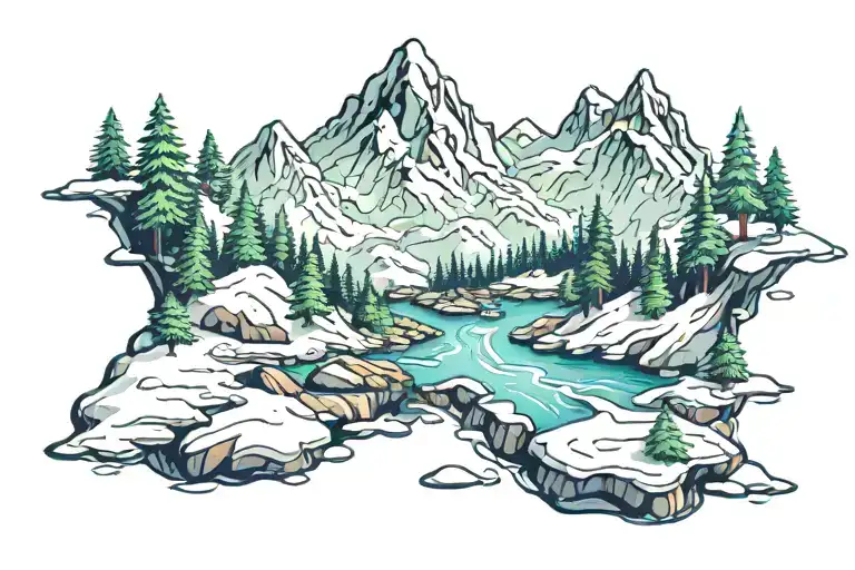 snowy mountain with rainforest creek running tattoo design idea
