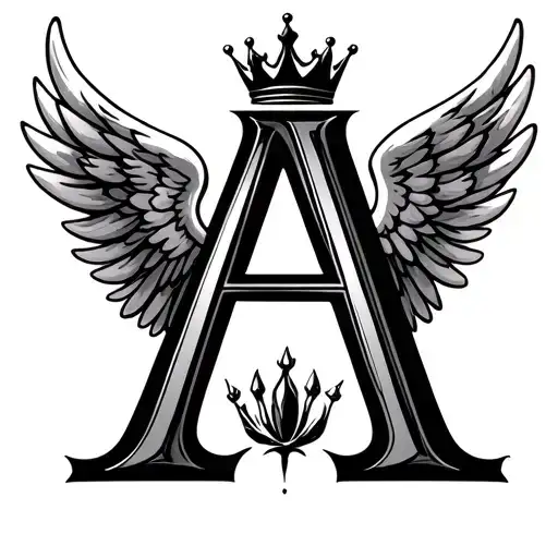 letter A, closed angel wings and angel crown tattoo design idea