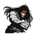 a man, pirate, muscles, red bandana, long hair black, violent, rude, serious tattoo design idea