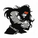 a man, pirate, muscles, red bandana, long hair black, violent, rude, serious tattoo design idea