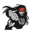 a man, pirate, muscles, red bandana, long hair black, violent, rude, serious tattoo design idea