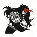 a man, pirate, muscles, red bandana, long hair black, violent, rude, serious tattoo design idea