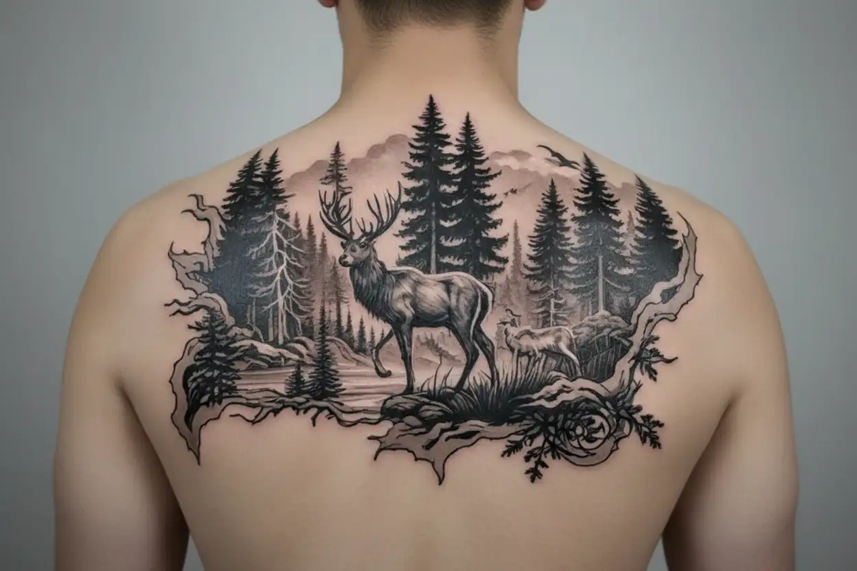 deer wolf forest scene tattoo design idea