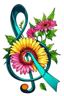 multi-colored g clef with gerbera daisy wrapped around it and a hidden teal cancer ribbon tattoo design idea