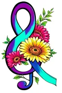 multi-colored g clef with gerbera daisy wrapped around it and a hidden teal cancer ribbon tattoo design idea