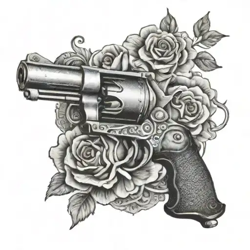 Design a tattoo of a vintage 38 special revolver intertwined with a rose tattoo design idea