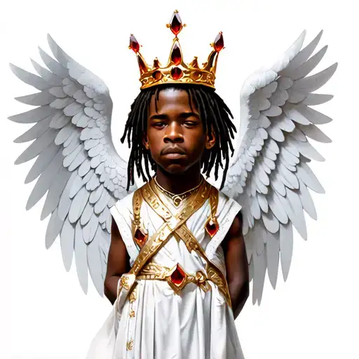 d black boy with dreads with a gold crown with red gems with angel wings tattoo design idea