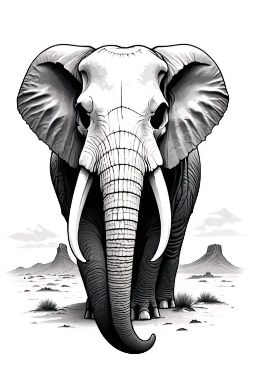 elephant skull in desert landscape tattoo design idea