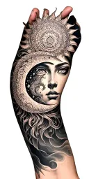 "C" A tattoo of a sun and moon with intricate mandala patterns inside tattoo design idea