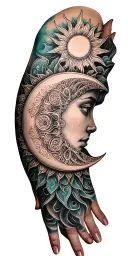 "C" A tattoo of a sun and moon with intricate mandala patterns inside tattoo design idea