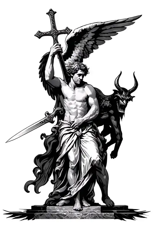 male angel holding a cross sword to the devil at the gates on heaven tattoo design idea