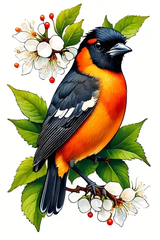 Baltimore oriole on mulberry fruit and blossoms  tattoo design idea
