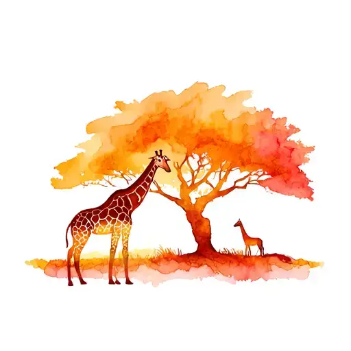 silhouette acacia tree and giraffe standing tattoo design idea