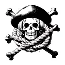 one piece anime straw hat jolly roger with rope in mout that is wrapped around the cross bones tattoo design idea