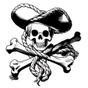 one piece anime straw hat jolly roger with rope in mout that is wrapped around the cross bones tattoo design idea
