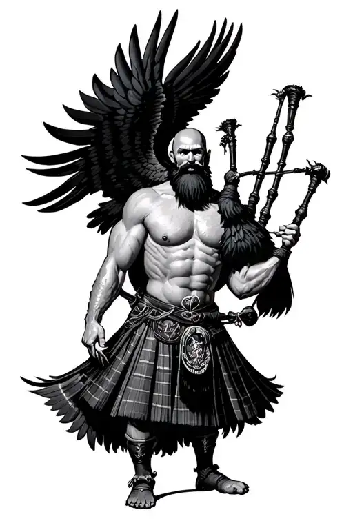 muscular bagpiper bald black beard black huge wings on his back playing the bagpipes flying crow with claws tattoo design idea