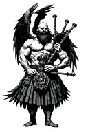 muscular bagpiper bald black beard black huge wings on his back playing the bagpipes flying crow with claws tattoo design idea