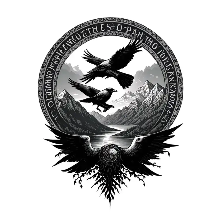 The Algonquin, Iroquois, and Boundary Mountain Range in the Adirondacks with odins ravens around the wheel of dharma sun tattoo design idea