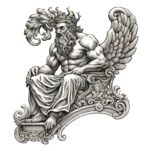 Zeus, the 7 great Greek gods sitting on his crown and the Greek people in chaos trying to climb their beards tattoo design tattoo design idea