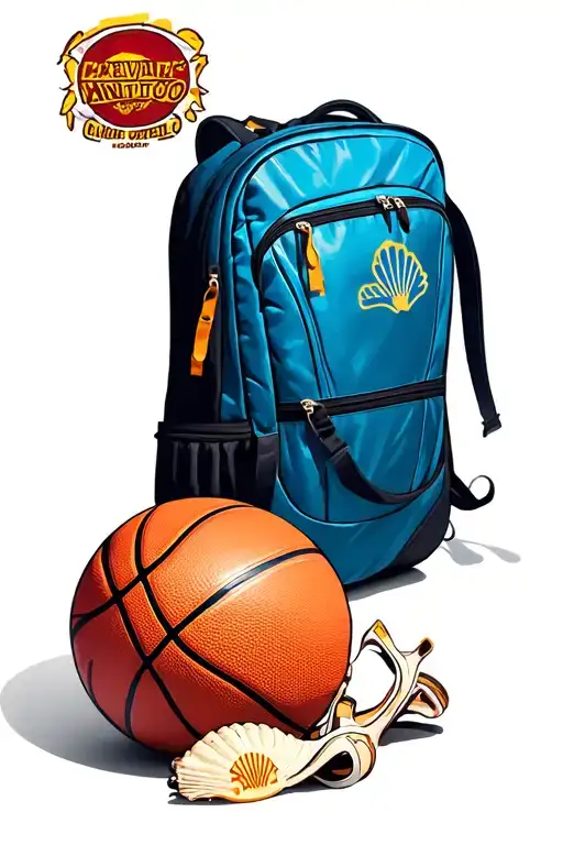 A backpack with a camino shell and a basketball next to it tattoo design idea