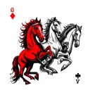 staggered card tattoos depicting red and pale horse from the 4 horsemen tattoo design idea
