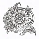 An infinity sign incorporating a feather, a mountain, and a daisy, signifying eternal love. tattoo design idea